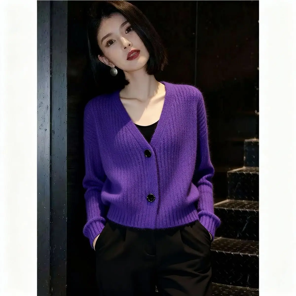 

Утепленный вязаный кардиган с V-образным вырезом, женский свободный зимний теплый свитер, верхняя одежда, фиолетовый, элитный корейский бренд, длинный рукав