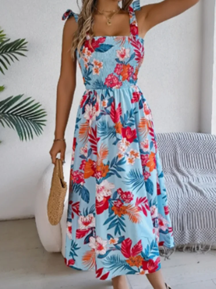 Kwiatowy nadruk z szelkami, bez rękawów, z kwadratowym dekoltem, damska sukienka na wakacje na plaży, letnie sukienki w stylu boho