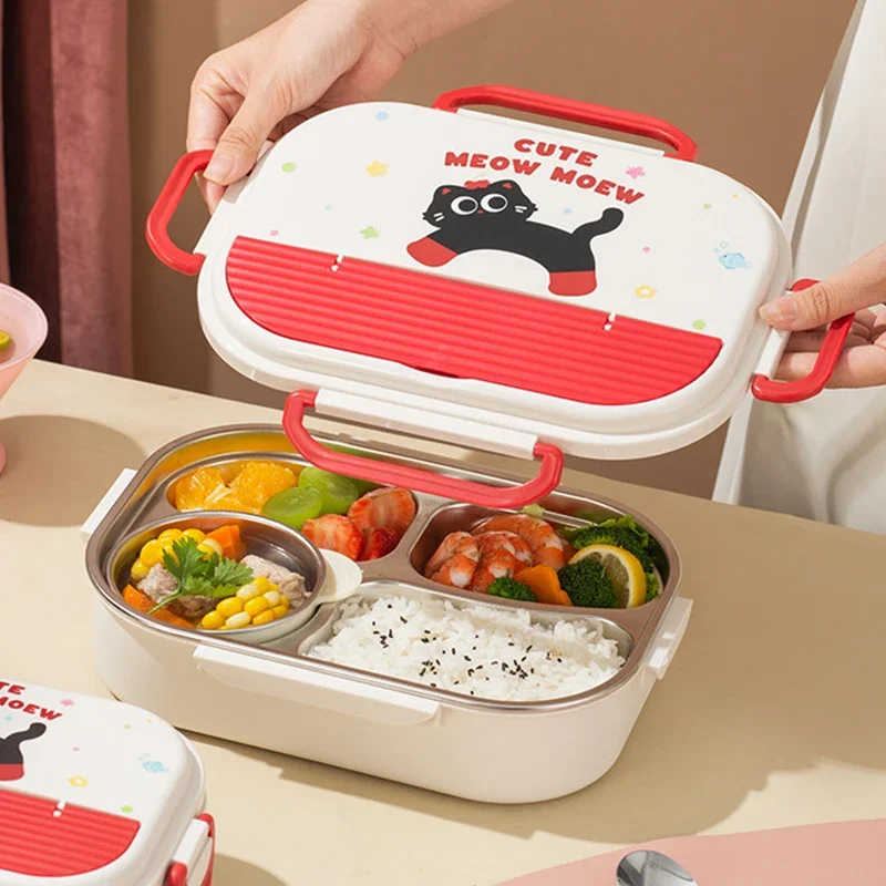 Kids 304 Stainless Steel Lunch Box with Cutlery And Carry Bag Portable Microwave-Safe Food Storage Containers for Children