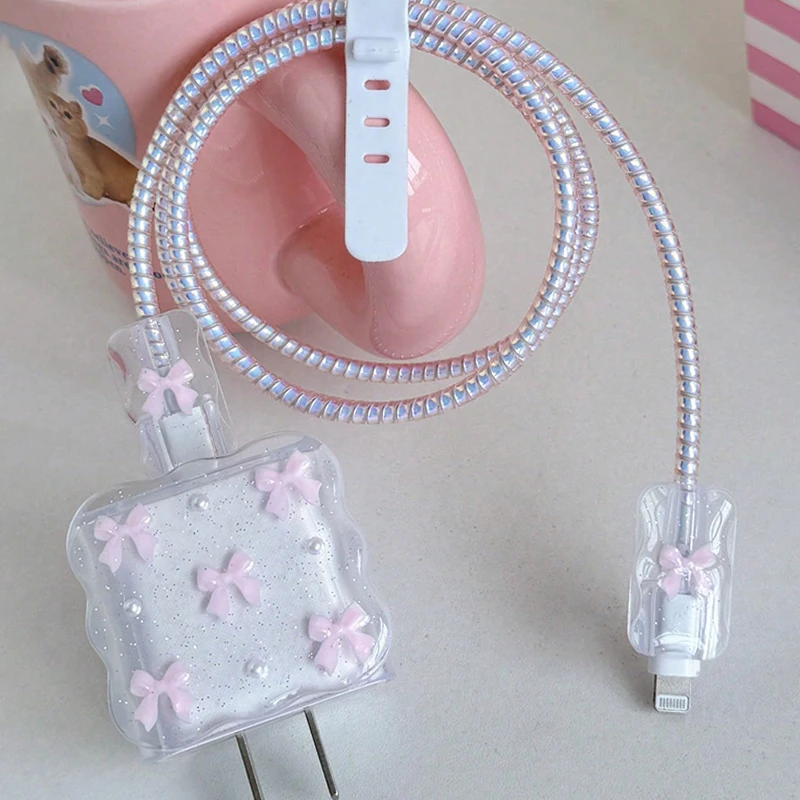 Transparent Pink 3D Bowknot Cellphone Charger Protective Case Sleeve for Apple IPhone 18/20W Laser Cable Winder Wire Protectors view 6