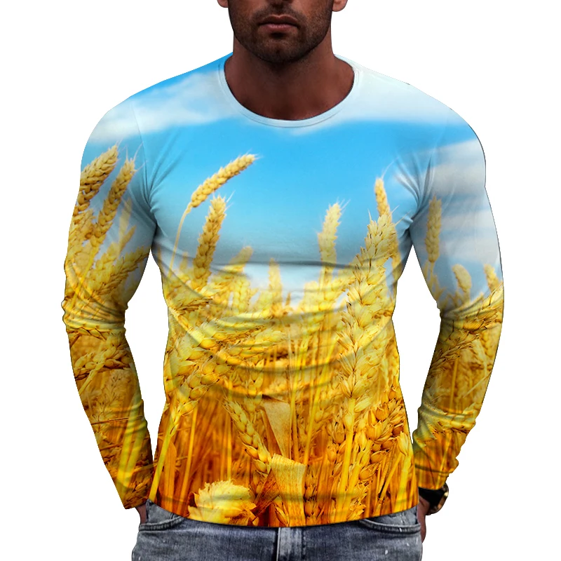 New Tide Rippling Wheat Fields Pattern  European Size long Sleeved T-shirt For Men's Casual Autumn Trend Top Round Neck Tees