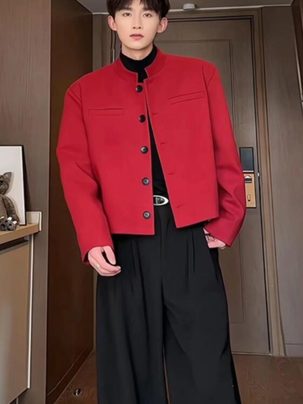 

New Chinese Sle Men's ort Red oulder Padded Suit Jaet Stand Collar Western Sle Casual Suit Set for Men