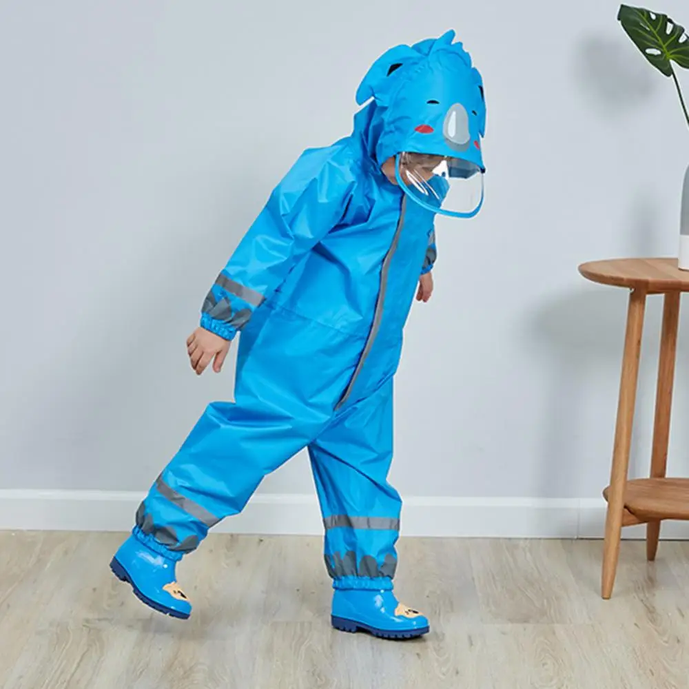 Waterproof Raincoat Kids One Piece Rainwear Cartoon Animal Rain Coat Reflective Strip Hooded Poncho Coveralls плащ женский