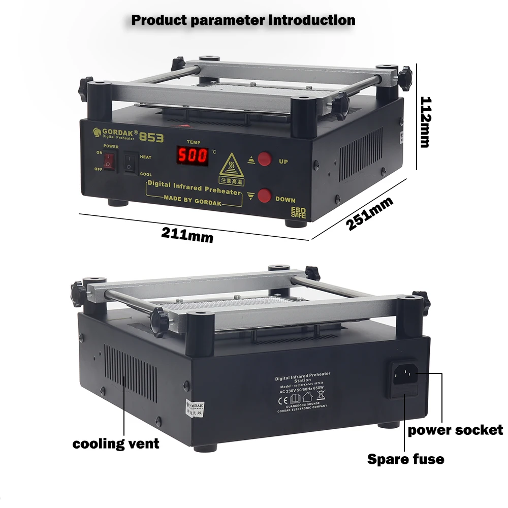 Gordak 853 Bottom Heating Preheating Station PCB Preheater Soldering Station BGA Rework Station Phone Repair Tools YIHUA 853A EU