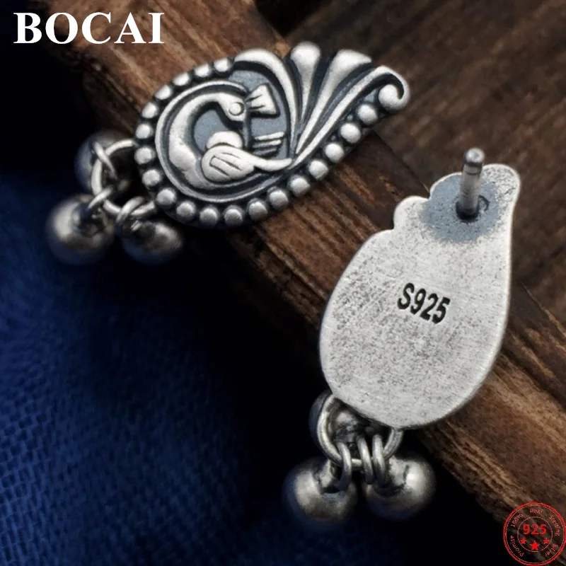 BOCAI S925 Sterling Silver Earrings for Women New Fashion Dumb Peacock Bells Original Literary Artistic Ear Studs Free Shipping