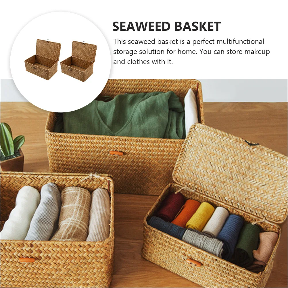 

2Pcs Natural Seaweed Storage Basket Lid Organizer Case Multipurpose Storage Box Container for Home Kitchen Bathroom