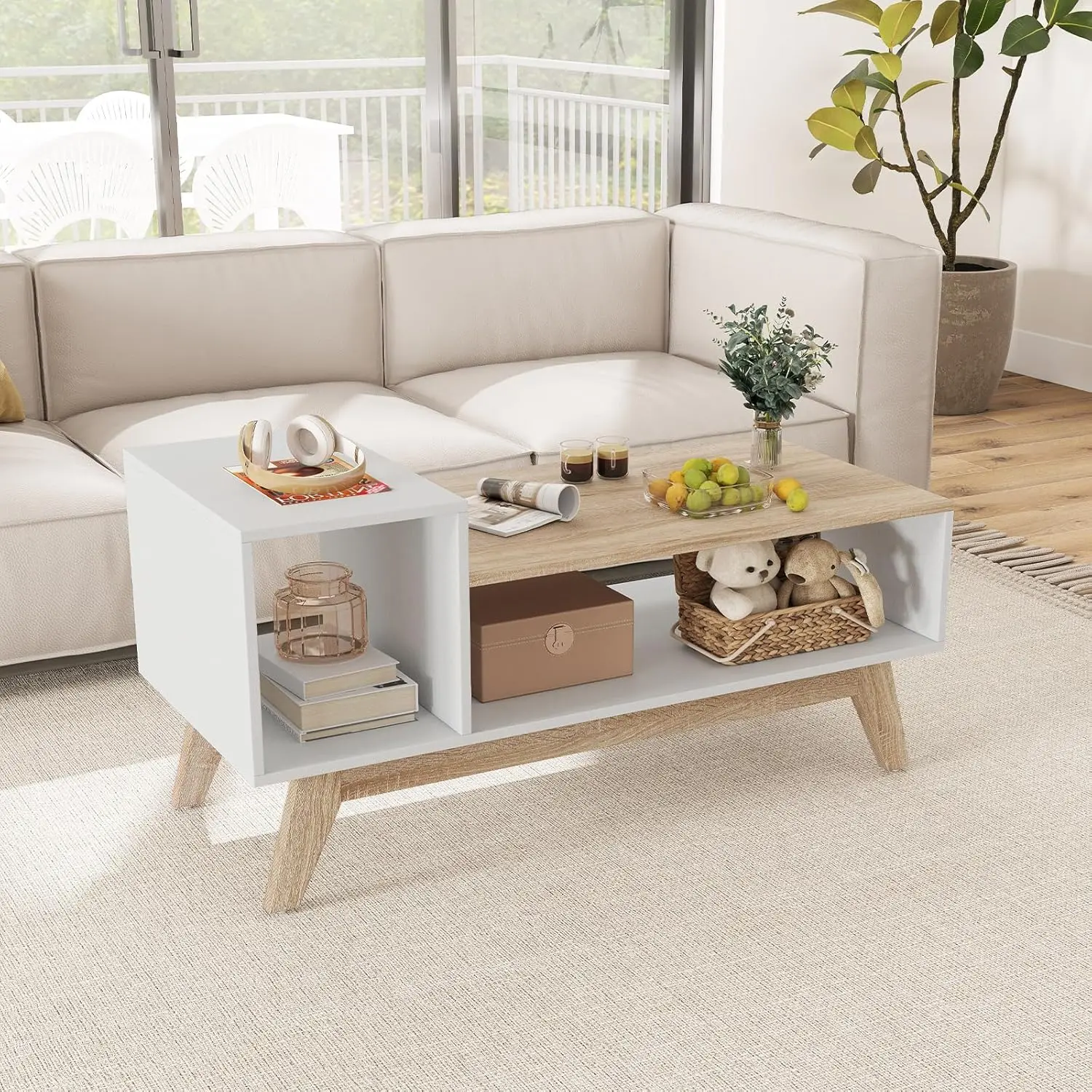 

Mid-Century Modern 2-Tier Coffee Table - White Geometric Center Table with Storage, for Small Space Apartment & Living Room