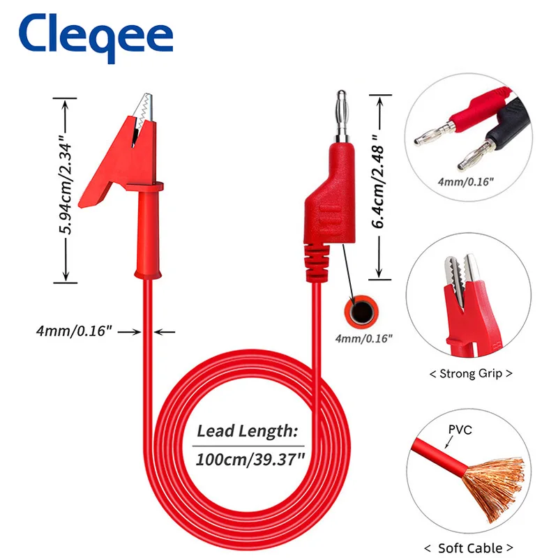 Cleqee-クロコダイルクランプ用のバナナプラグのセット,4mm,1037,ワニ口コネクタ付きキット,ケーブル長1m,1000v/15a,2個/5個