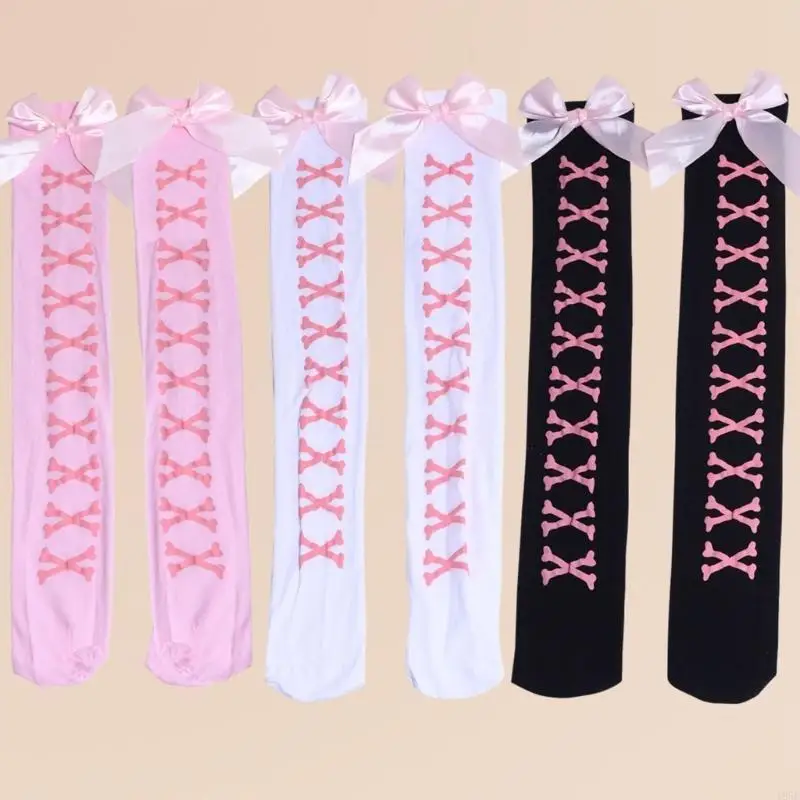 195E 할로윈 Bowknot 양말 여성용 허벅지 높은 양말 해골 인쇄 고딕 무릎 스타킹 이상 코스프레 의상 액세서리