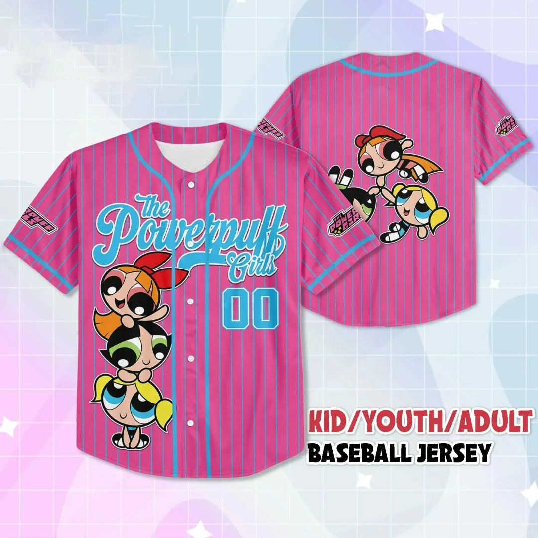 Das gestreifte Baseball-Trikot der Powerpuff Girls im Y2K-Anime-Cartoon-Stil, ein Oberteil für Kinder, Jugendliche und Erwachsene, ein Unisex-Streetwear-Modell, ein Herren-T-Shirt und ein Damen-T-Shirt. – Detail 5