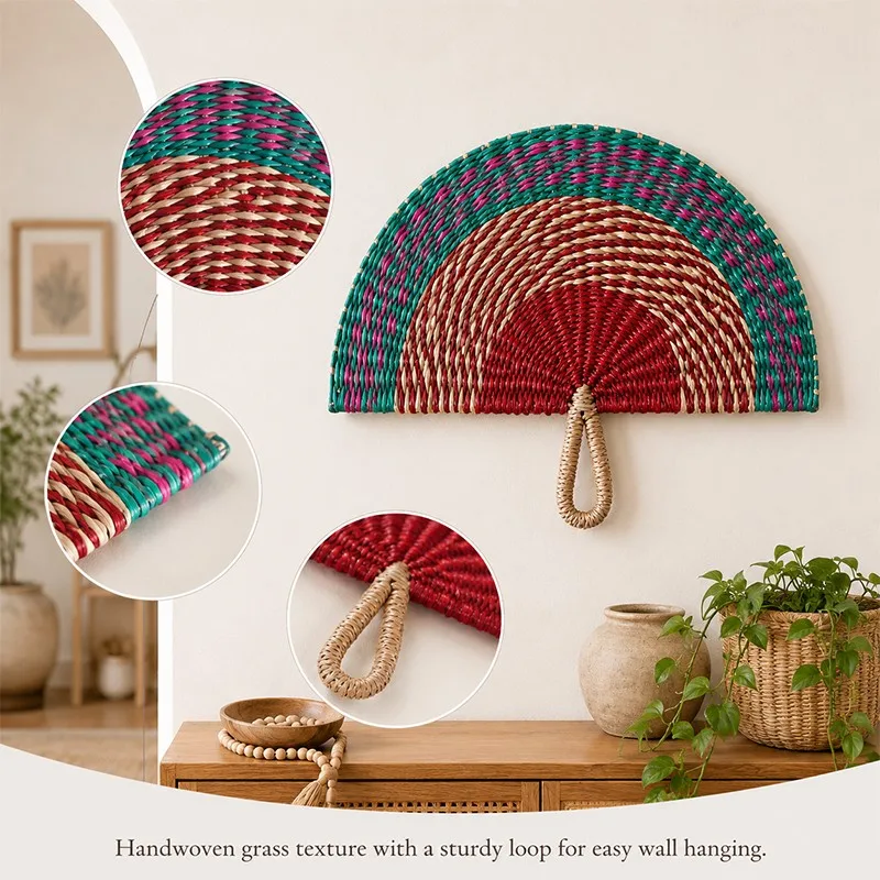 22X28CM Handwoven Grass Fan Natural Seaweed Straw Fan Boho Style Rainbow Wall Hanging Decor for Home