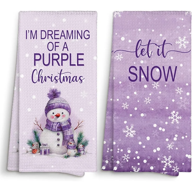 2 Winter Purple Christmas Kitchen Towel Ornaments, Let It Snow Dishcloth Dishcloth Tea Towel Gifts