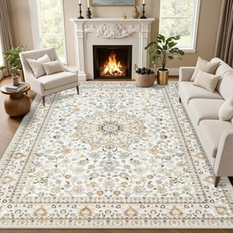 

Living Room 6x9 Area Rug: Washable Vintage Boho Beige Rug, Non-Slip Stain-Resistant Soft Floral Indoor Carpet for Bedroom, Dini