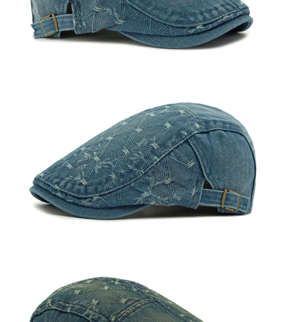 HT4728 Herren- und Damen-Baskenmützen, Verstellbare Ivy-Flatcaps, Künstler- und Malermützen für Frauen, 100% Baumwolle, Hochwertige Denim-Baskenmütze – Detail 9
