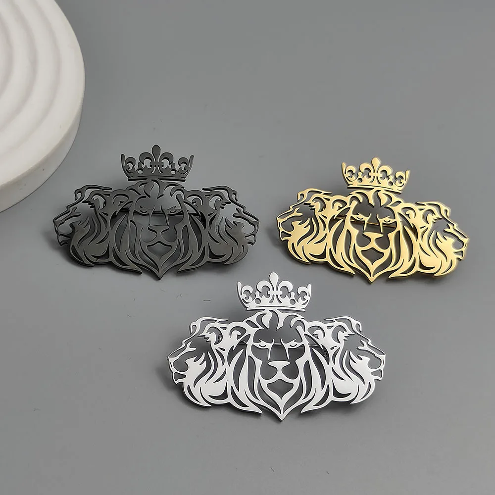 Crown Lion Head Brooch Hollow Stainless Steel Pin Gold Black Silver Color Royal Animal Badge for Men Suit Accessories