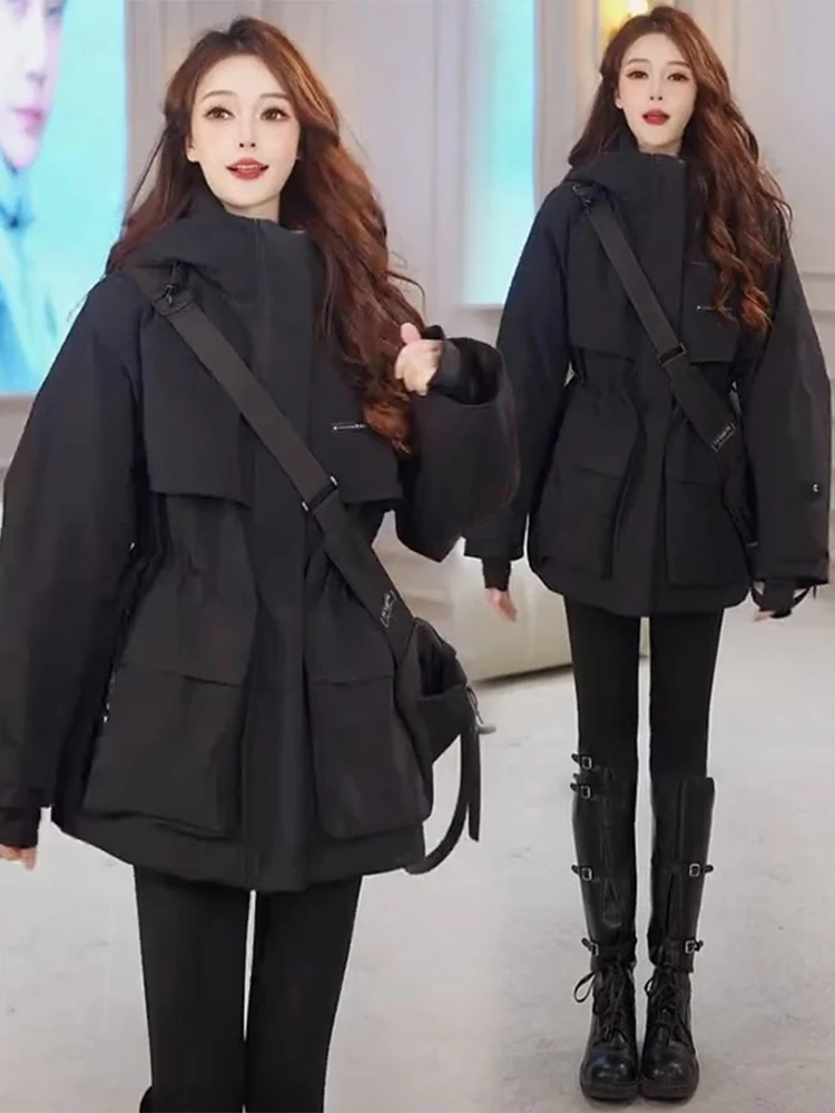 Women's Winter Thickened Cotton Jacket Hooded Waist-Cinching Warmth Fashionable Workwear Outerwear Trendy Zipper Closure