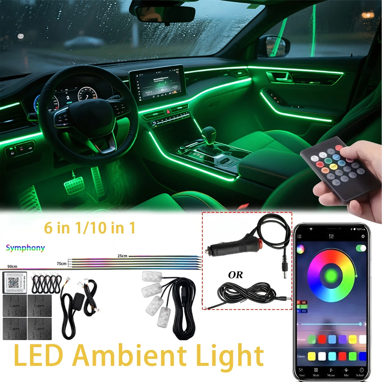 

RGB LED Car Interior Ambient Light Kit 6 or 10 in 1 Acrylic Strip APP Control 213 Colors Dual Zone Streamer Atmosphere Lamp 12V