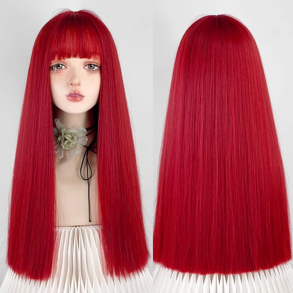 

VICWIG Long Straight Red Synthetic Women Wig with Bangs Fluffy Lolita Cosplay Hair Heat Resistant Wig for Daily Party