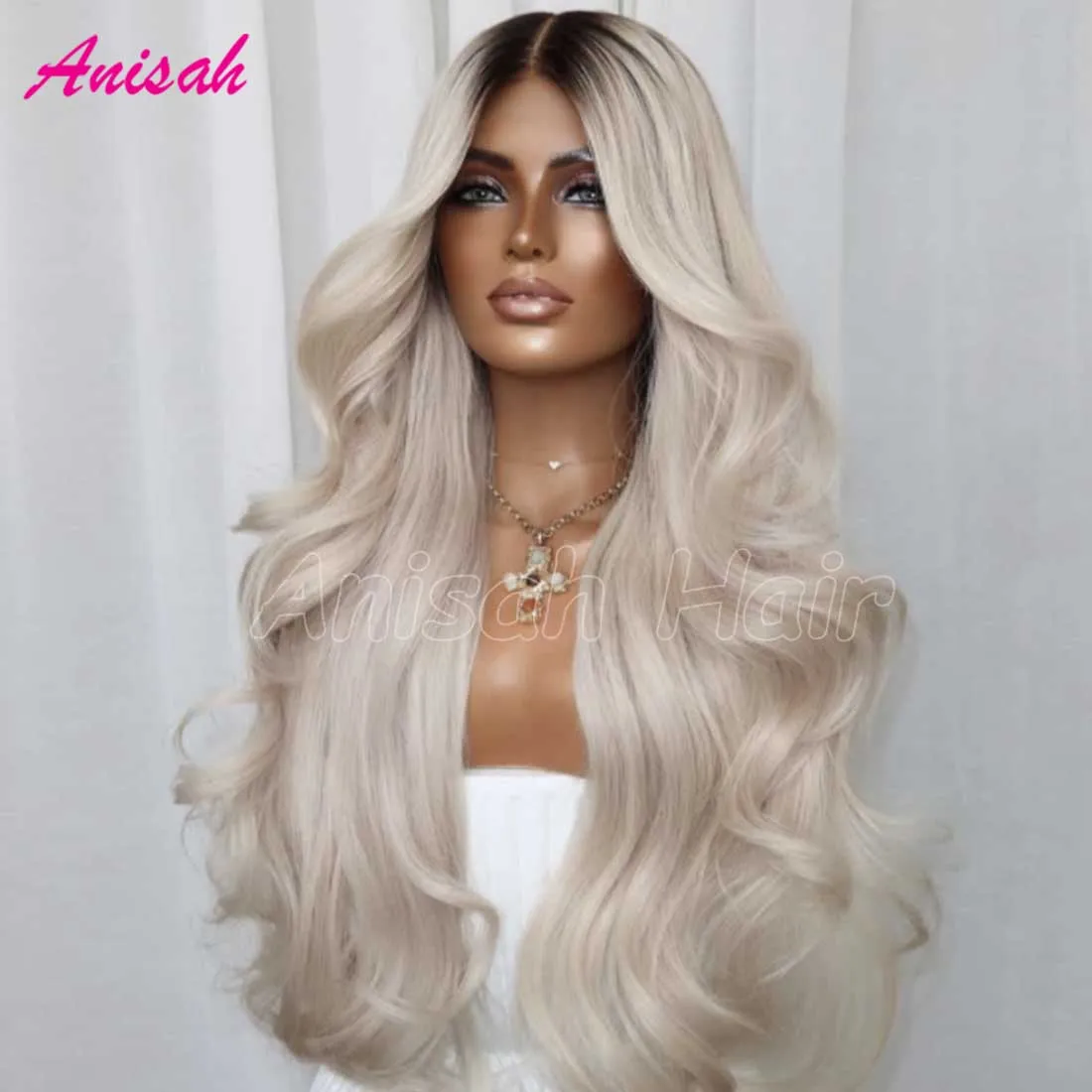 Dark Root Ombre Platinum Ash Blonde Body Wave Lace Front Wig Human Hair Pre Plucked Glueless Lace Human Hair Wigs For Women