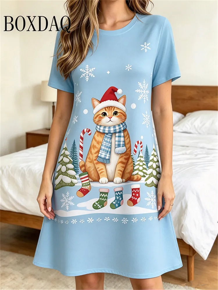 Ladies Autumn Winter Xmas Short Sleeve Round Neck Loose Dress Cartoon Orange Cat With Scarf Print Dress Casual Women's Clothing