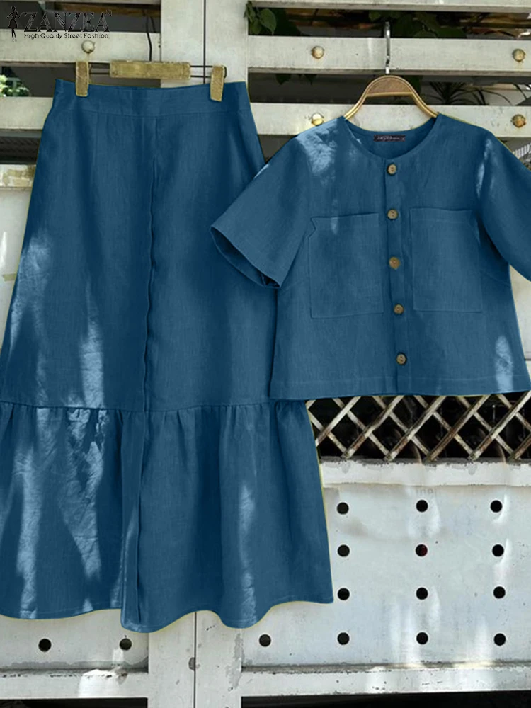 

ZANZEA Women Vintage 2PCS Dress Sets Fashion Short Sleeve Shirt Outfits Casual Loose Patchwork Skirt Suit Holiday Matching Sets