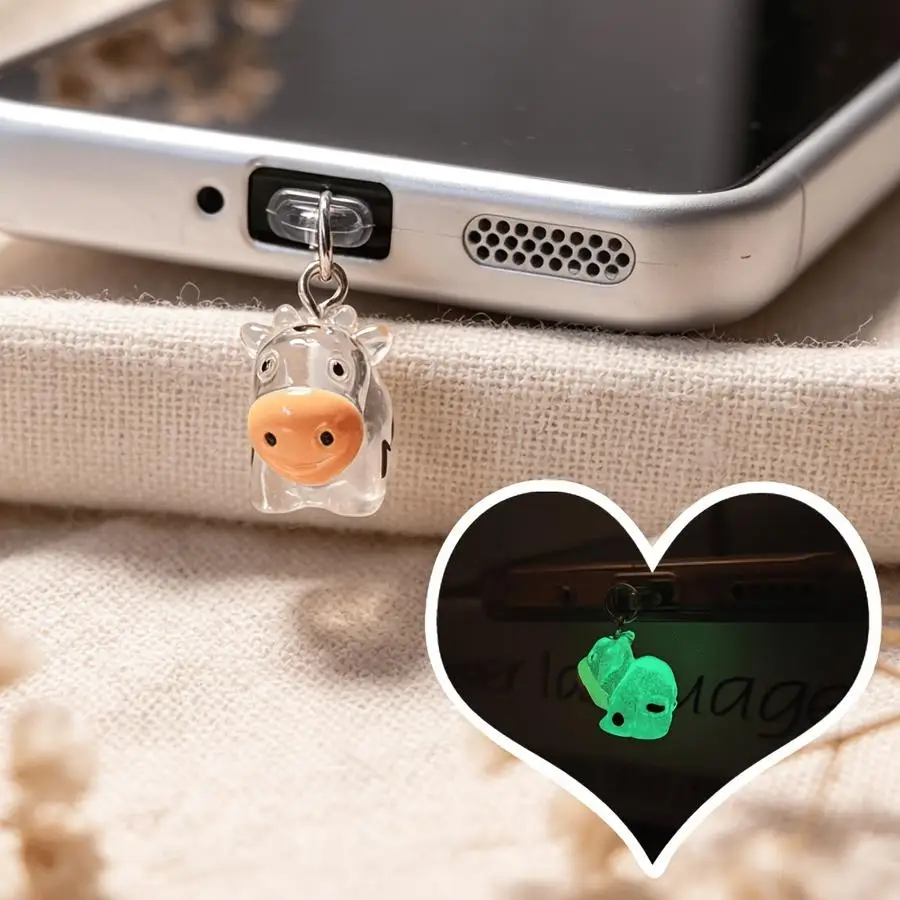 1/5/10/20/50/100pcs Order a Dust-Sealing Amulet for Cell Phone Connectors—Transparent, Glowing Cow Design, Cell Phone Decorative