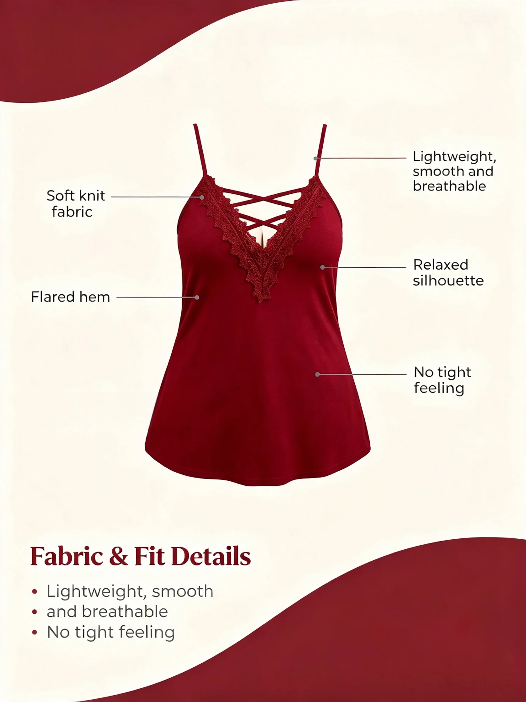 Damen Plus Size Spitzenbesatz Crisscross V-Ausschnitt Cami-Top Verstellbare Spaghettiträger A-Linie Lässiges Ärmelloses Tanktop – Detail 3