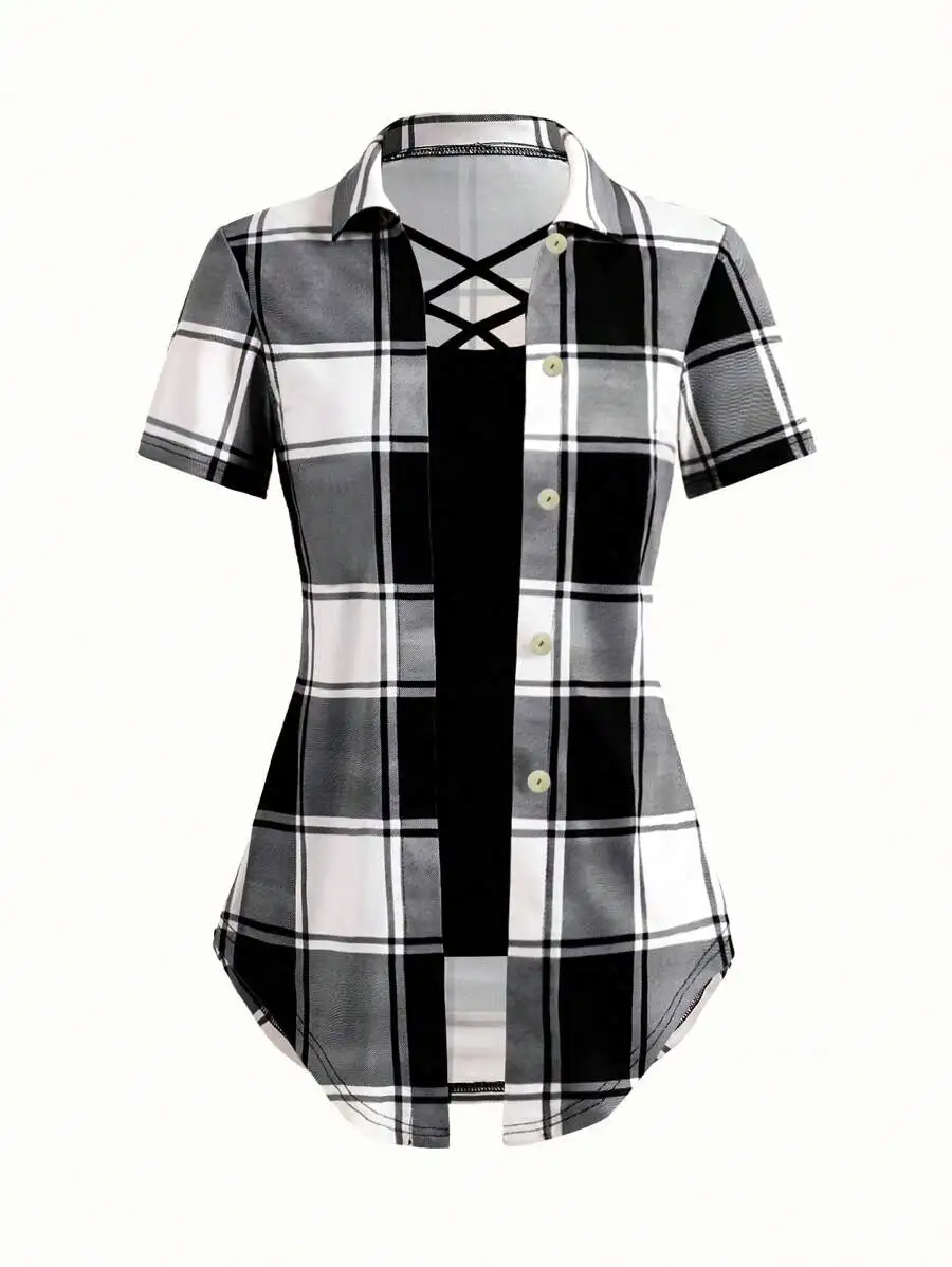 

Women's Plaid Short Sleeve Shirt with Lace-Up Front and Collar, Casual Chic Top