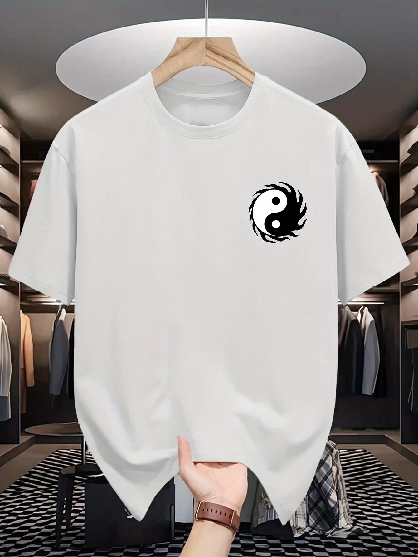 T-shirt col rond homme en coton doux et respirant, imprimé symbole flamme Yin Yang, coupe ample, manches courtes, décontracté, pour l'été, le quotidien, les activités de plein air et le streetwear