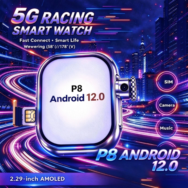 New5G Network Smartwatch P8 SIM Card Rotating Camera Android 9.0 Bluetooth GPS Positioning Google Play Global Version WiFi Phone