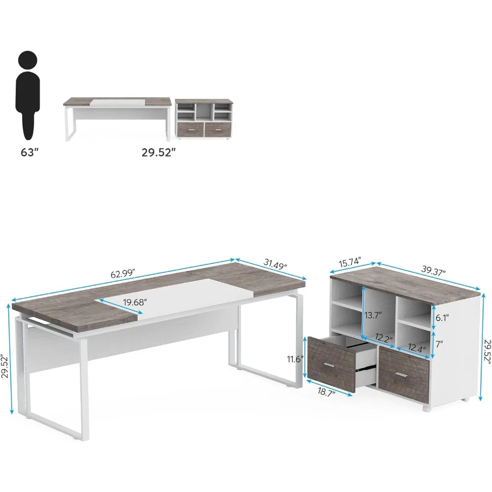 Bureau en forme de L avec égouts de proximité, classeur de bureau 63 ", ensemble d'armoires MELCabinet de direction d'ordinateur (brochure et noir)