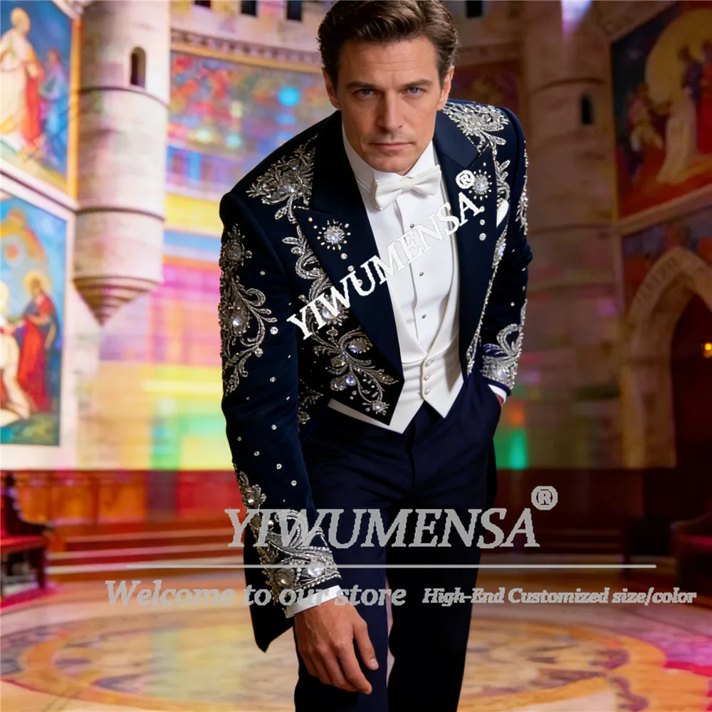 

Мужские костюмы с блестящими бусинами и камнями для выступлений на сцене, комплекты из 3 предметов, свадебные смокинги для жениха, индивидуальные мужские наряды, костюм Homme