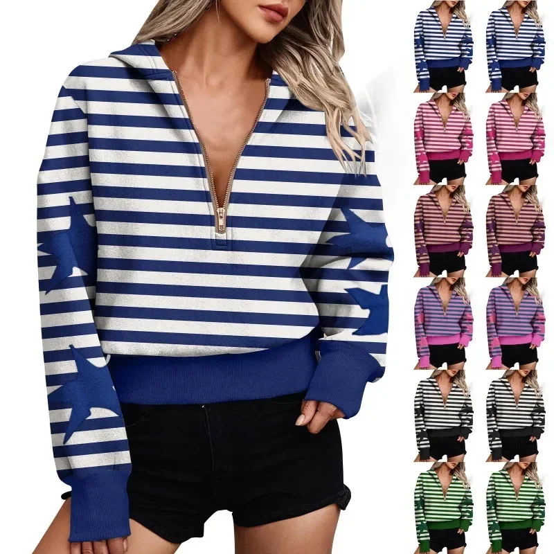 Women's Fashion Striped Hoodie Zipper Cardigan Striped Patch Cloth Star Decoration Casual Stand Collar Women's Hoodie