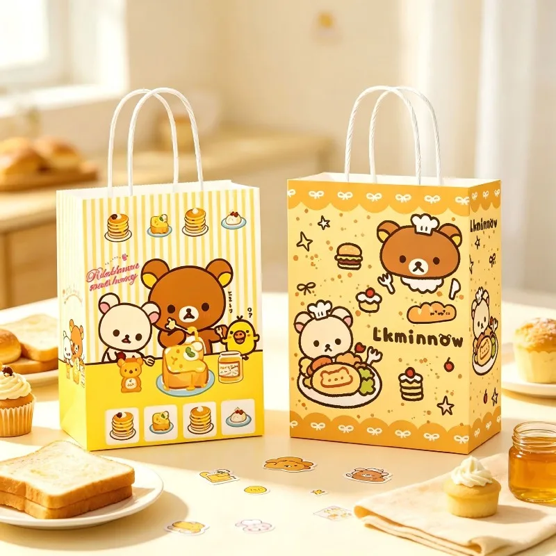 12pcs Cartoon Bear Chef Design Paper Tote Bag Cute Gift Packaging Handbag for Birthday Holiday Present