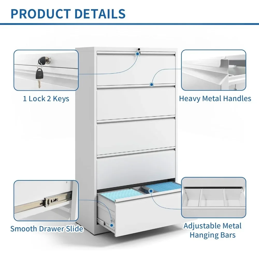 5 Drawer Lateral File Cabinet with Lock, File Cabinets for Home Office Legal/Letter A4 Size, File Cabinet with 5 Drawer Cabinet