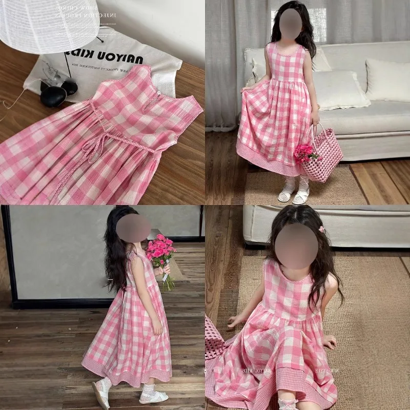 RAISE Children Girl Dress Summer Pink Plaid Kid Baby Girl Sleeveless Dress Round Collar Casual Dress for Little Girl Belle Dress