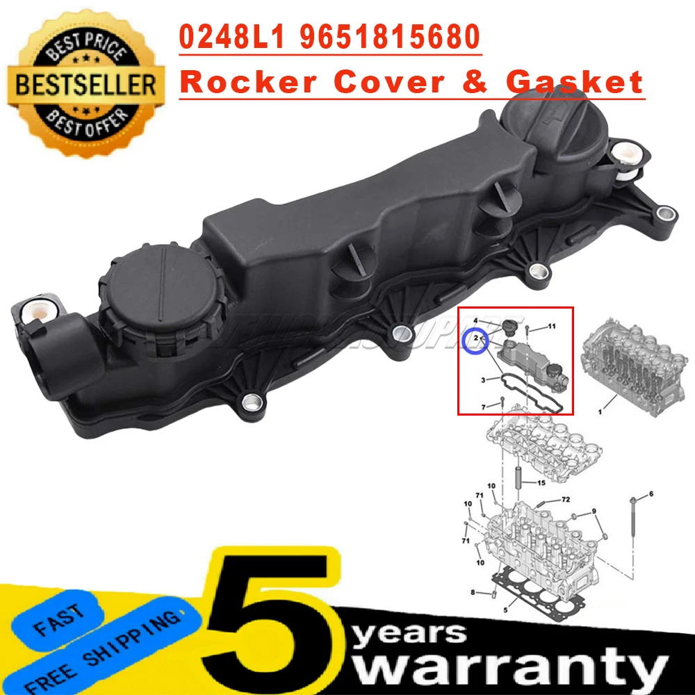 Rocker Cover & Gasket 0248L1 0248.L1 For Citroen Peugeot 1.6 HDI Berlingo C2 C3 C4 C5 Xsara 207 307 Valve Covers 9651815680