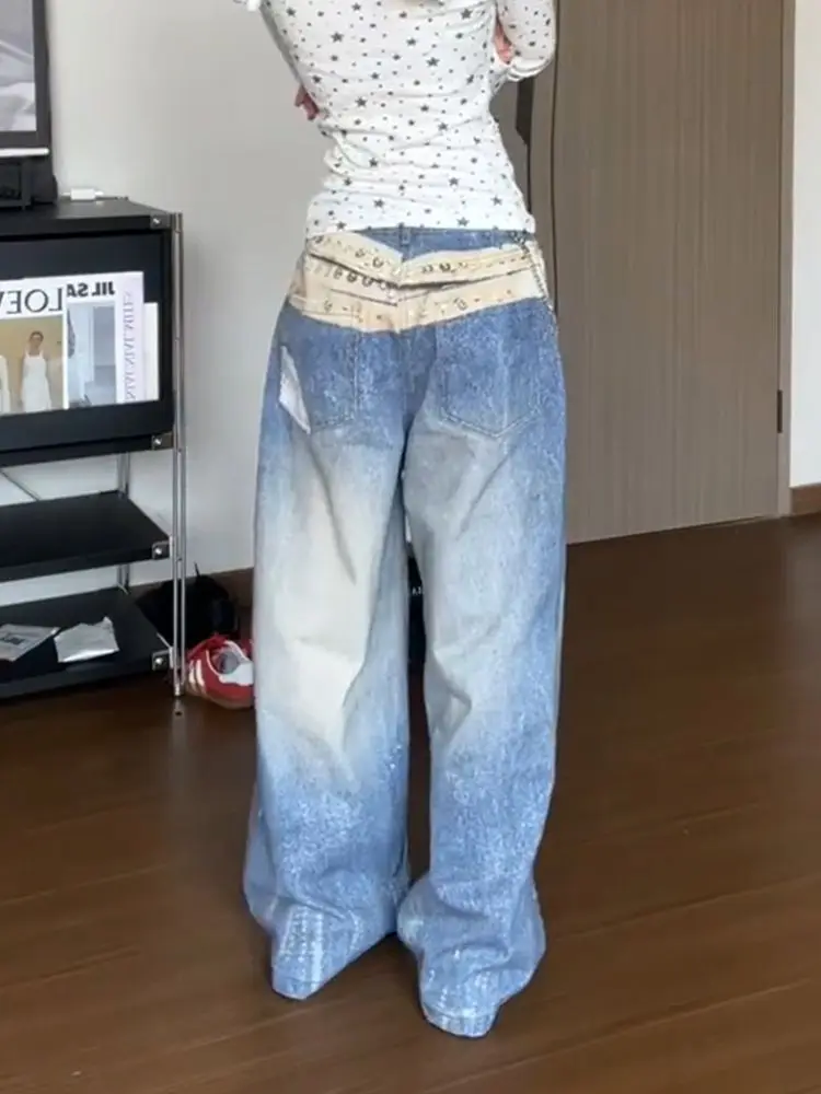 ديبتاون الأزرق خمر الجرافيك المرأة المتعثرة الجينز غسلها واسعة الساق النمط الأمريكي مستقيم سراويل جينز فضفاض عادية Gyaru