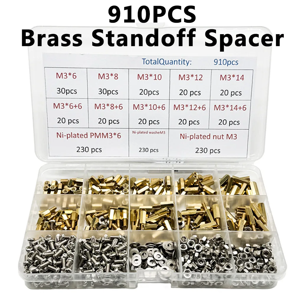 910PCS M3 Brass Standoff Spacer Kit with Hex Head Nut And Washer 230PCS PMM3 Threaded Pillar Screws for PCB Assembly
