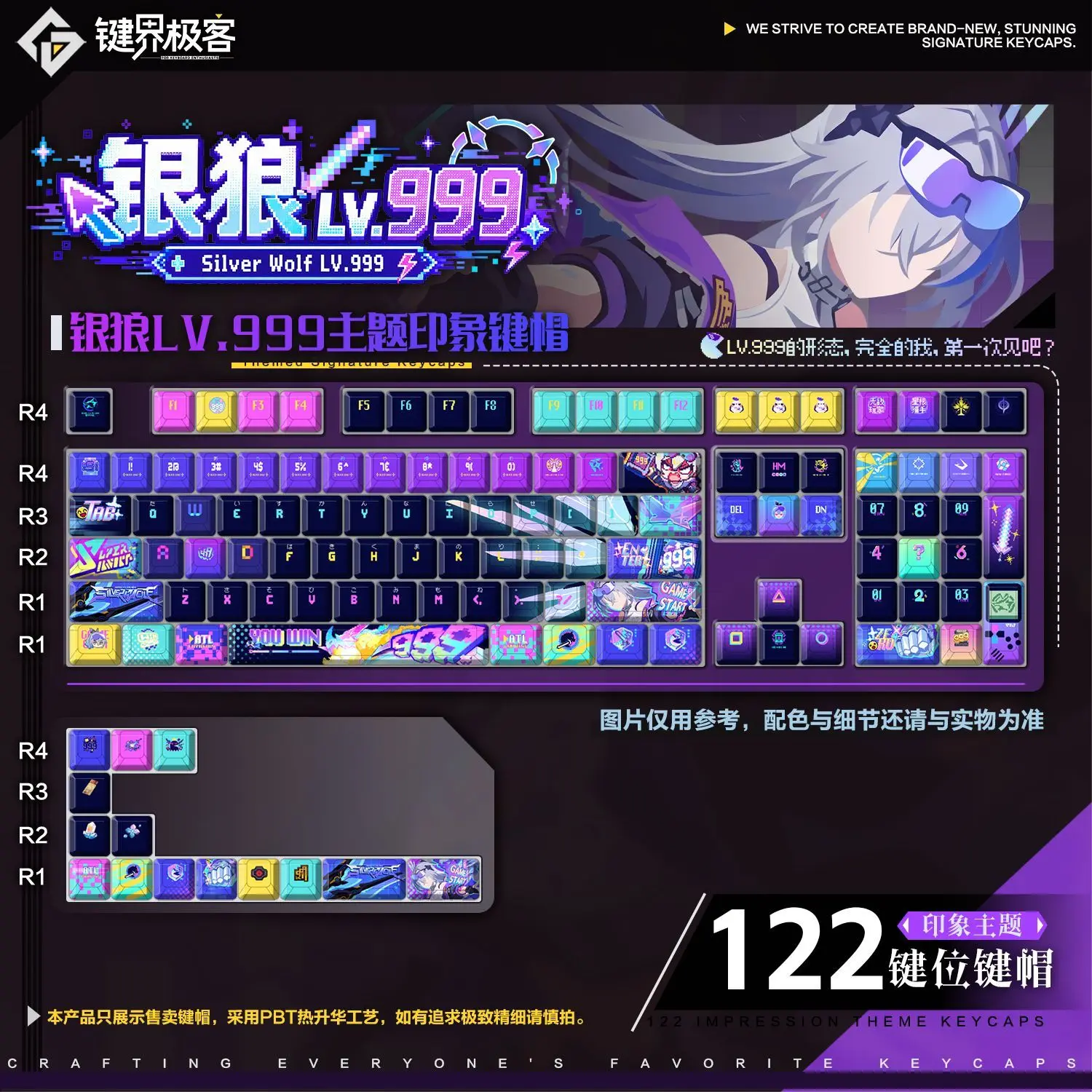 122 Keys Honkai: Star Rail Silver Wolf Game Keycap Impression PBT Game Side Engraved Cherry MOA Two-dimensional Keycap