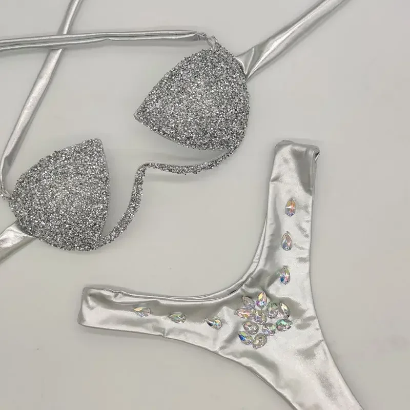 Conjunto de biquíni strass para mulheres, maiô Bling Stones, maiô de luxo, roupa de praia push up, festa sexy, novo, 2 peças