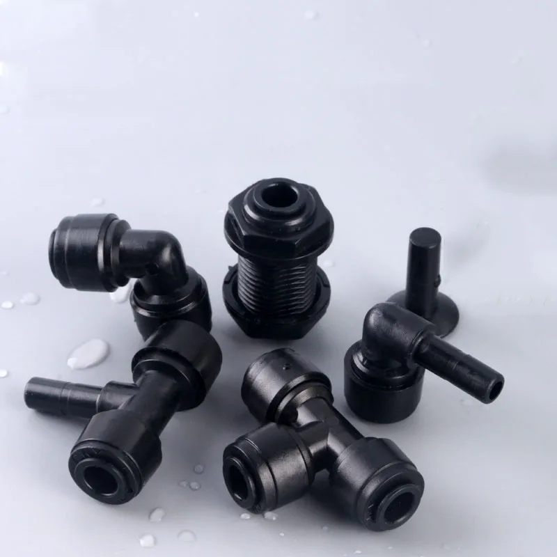 Pemurni air hitam 1/4 ", kaus konektor cepat + siku bentuk L + steker + klip partisi + perlengkapan pipa nosel baja tahan karat 304