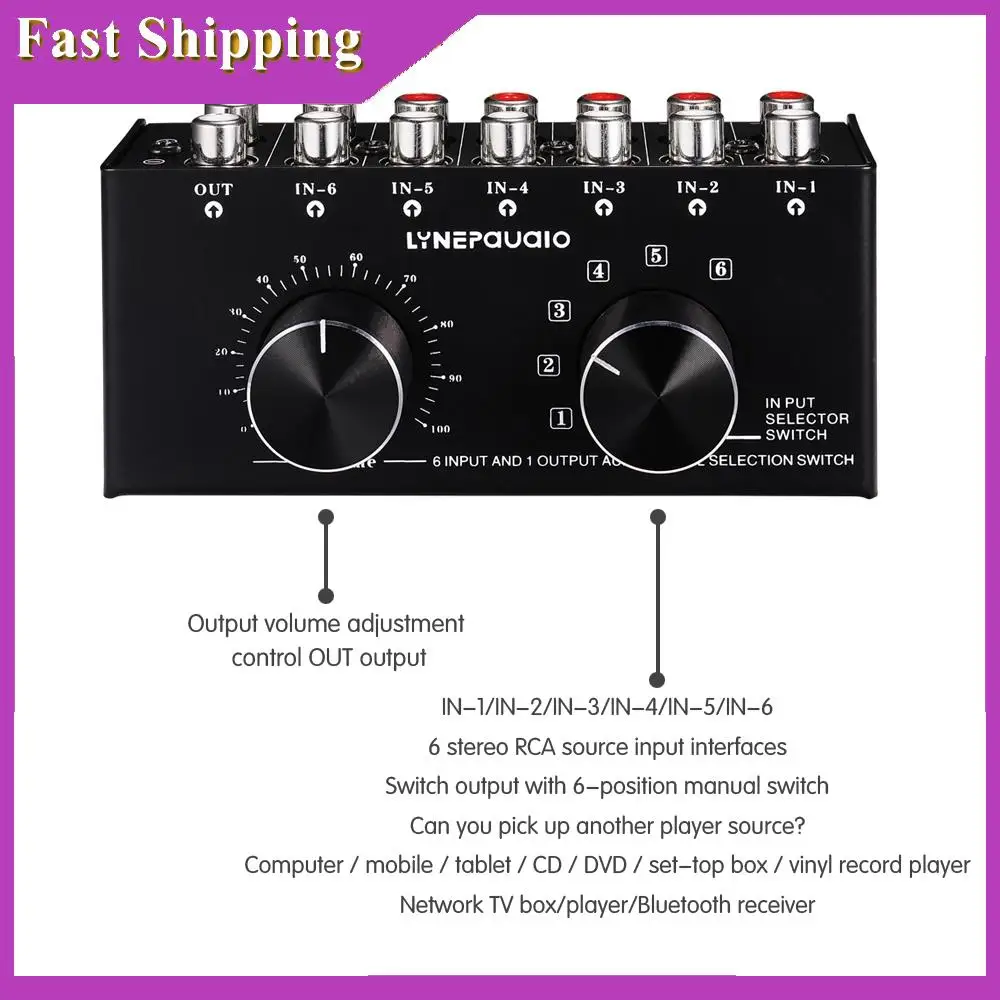 

ABRI-6 Input 1 Output Switcher Audio Source Selection Switcher RCA Audio Input Signal Selector Switch With Volume Adjustment And