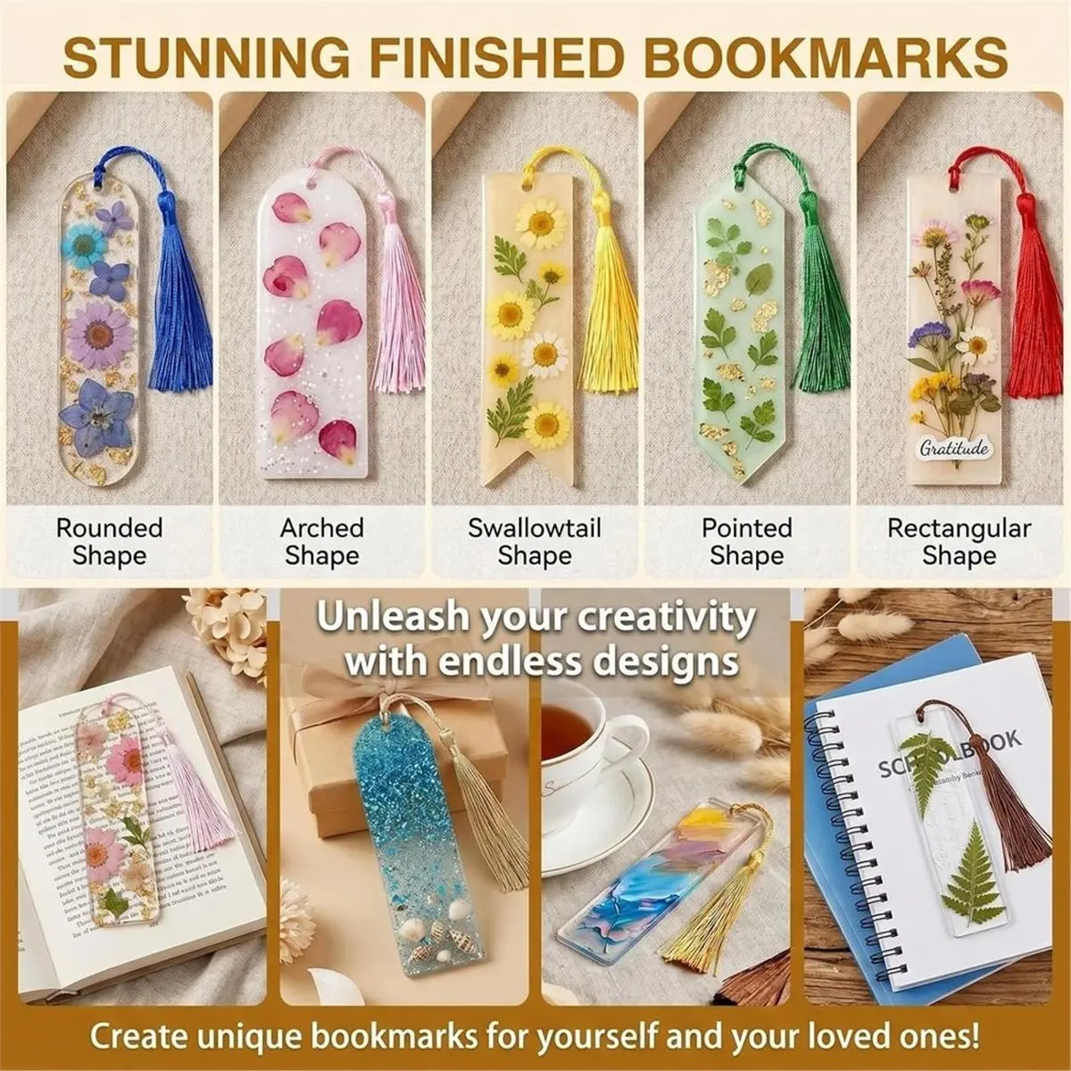 Resin Bookmark Mold with 20 Colorful Tassels, 5 Shapes Silicone Bookmark Mold, Reusable Wide Arch Rectangle Molds