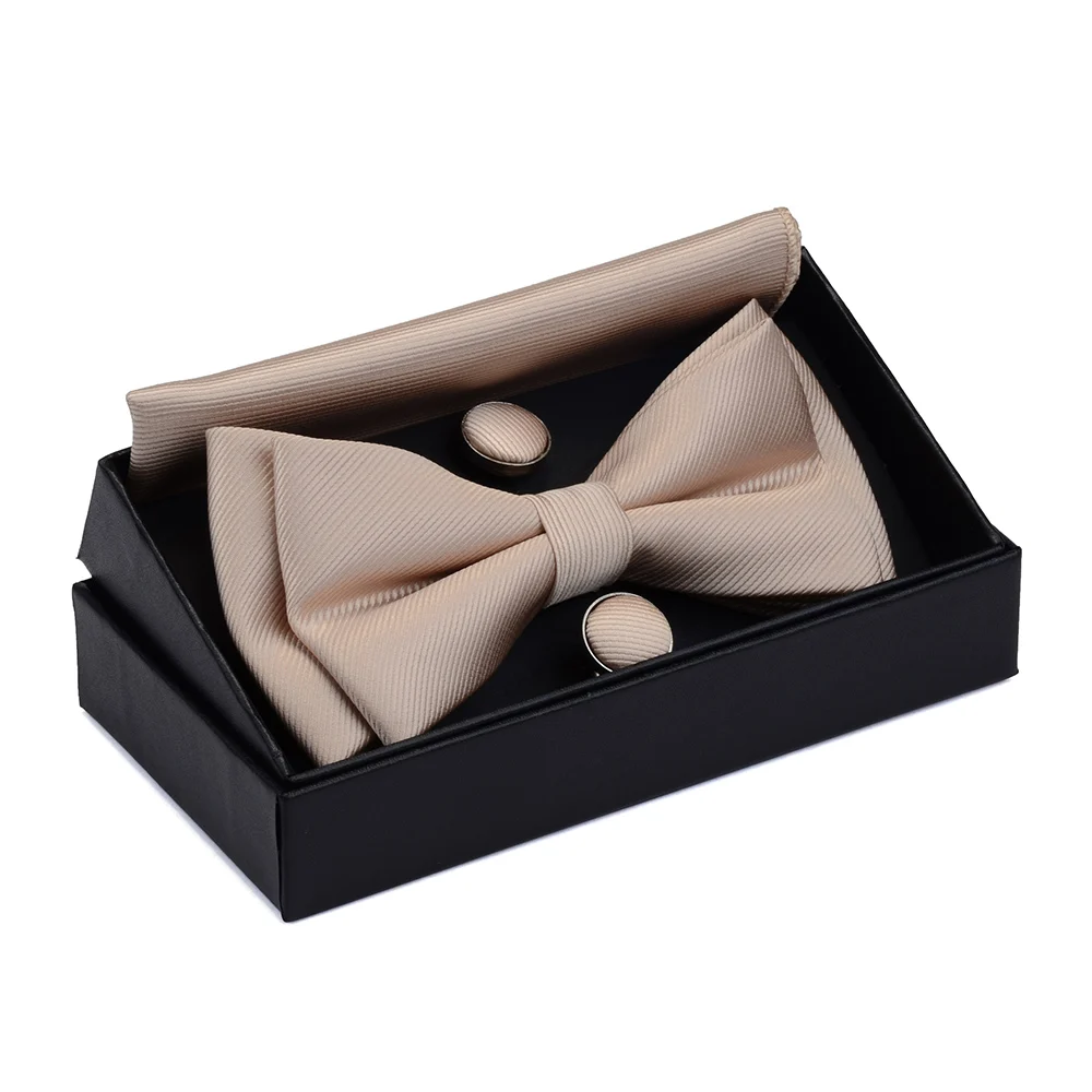 Classic Solid Silk Twee Layer Pre-Gebonden Bowtie Set Strikje & Pocket Vierkante & Manchetknoop Man Party Business office Wedding Met Geschenkdoos