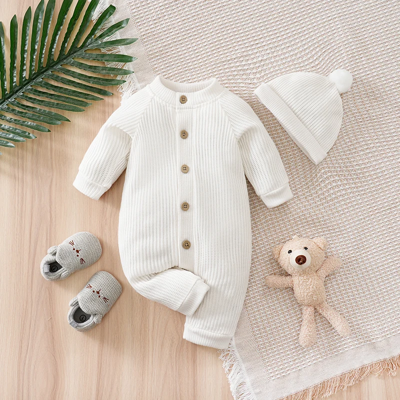 

Autumn Minimalist White Knitted Long Sleeve Romper Button Toddler Jumpsuit Free Hat Included 0-18 Months Comfortable Soft Casual