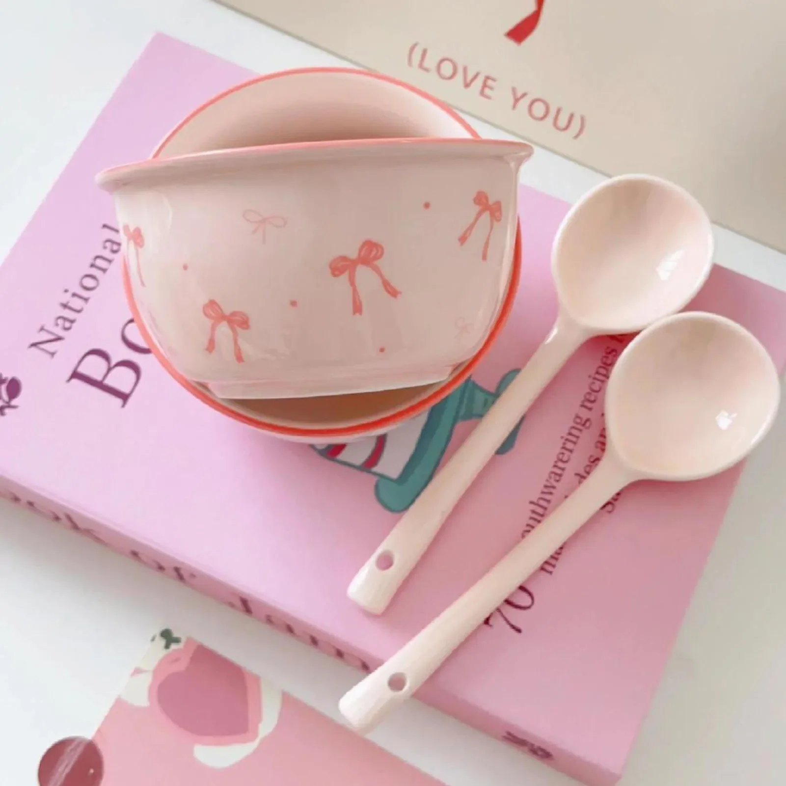 

Pink Bow Bowls, Underglaze Colored Bowknot Ceramic Rice Bowls with Spoons, Cute Tableware