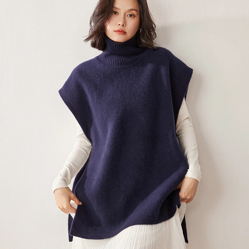 

European and American High-End High-Neck Knitted Vest for Women 100% Cashmere Thick Loose Sleeveless Sweater Vest Layered Wear
