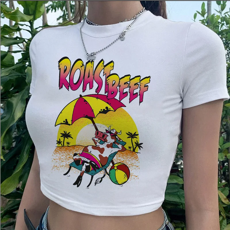 Cow Print t-shirt tshirt female kawaii streetwear vintage white casual crop top clothes white t shirt