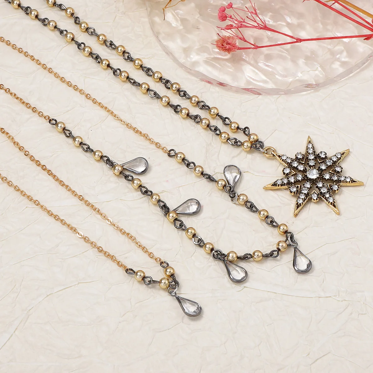 3-teiliges Set Vintage Metallperlen-Ketten Strass-Stern-Anhänger Halsketten für Damen Mode Urlaub Party Schmuck Geschenke – Detail 4